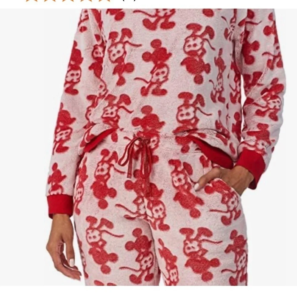 Disney Fleece Mickey Mouse Pajama Set Top Pants Red Cream Medium - Picture 4 of 15